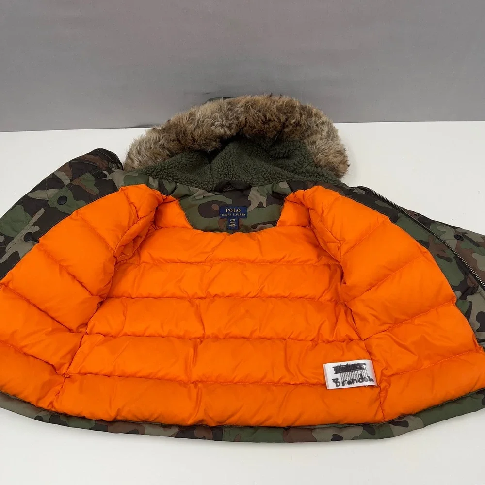 Polo Ralph Lauren Kids Parka Jacket Green Camo Faux Fur Hood Orange Lining 2/2T